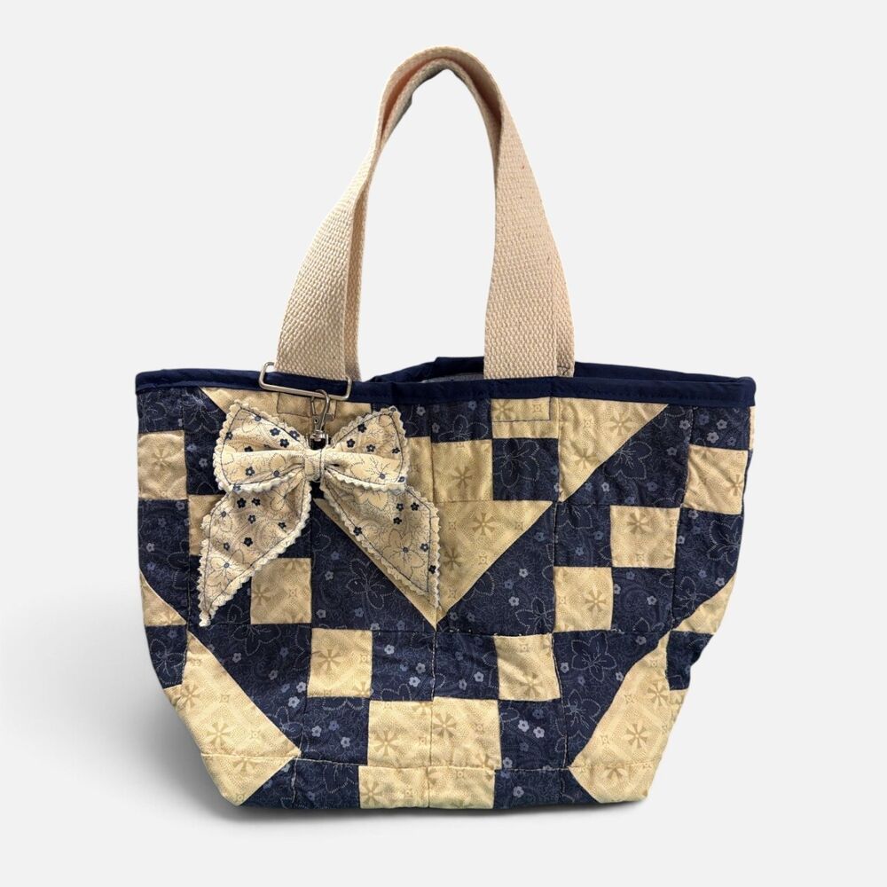 Blue & Floral Upcycled Handmade Quilt Mini Market Tote Bible Study Church bag